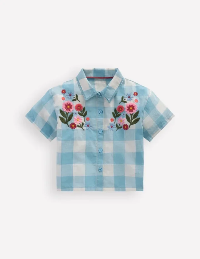 Short Sleeve Relaxed Shirt Blue Gingham Embroidery