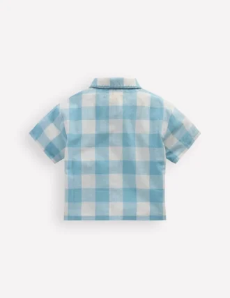 Short Sleeve Relaxed Shirt Blue Gingham Embroidery
