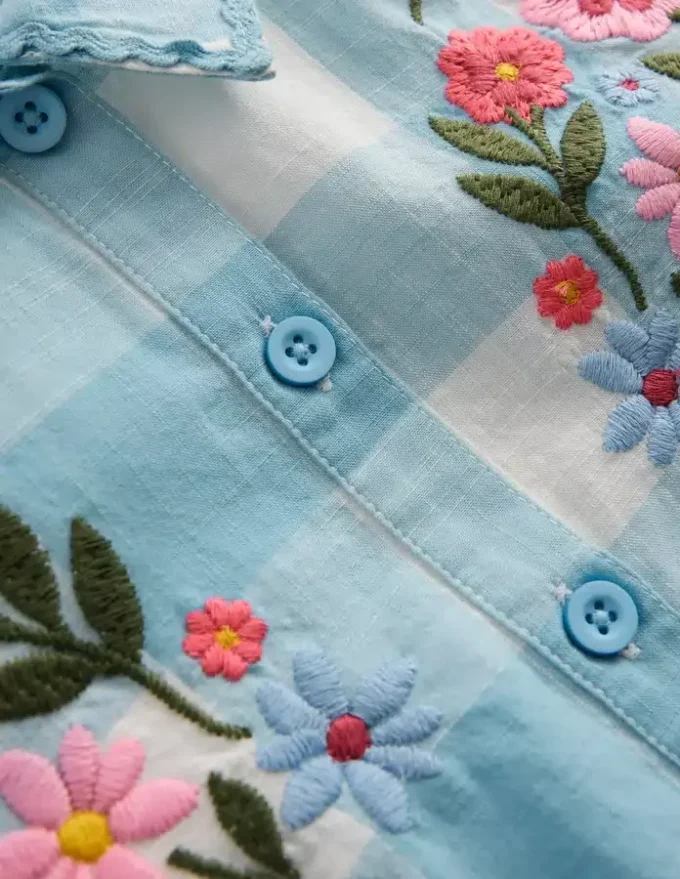 Short Sleeve Relaxed Shirt Blue Gingham Embroidery