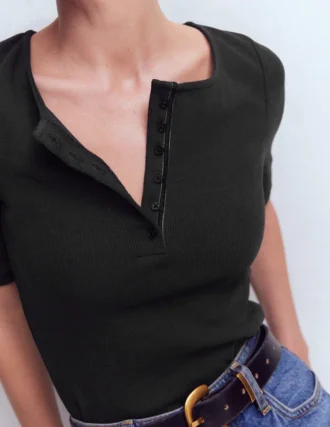 Short Sleeve Rib Henley Black