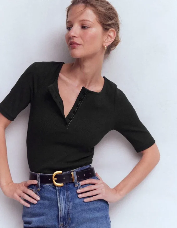 Short Sleeve Rib Henley Black Short Sleeve Rib Henley Black