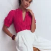 Short Sleeve Silk Ruffle Top Vibrant Pink Short Sleeve Silk Ruffle Top Vibrant Pink