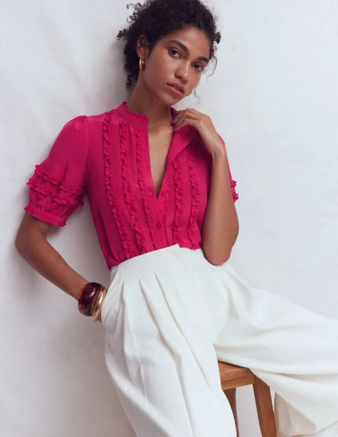 Short Sleeve Silk Ruffle Top Vibrant Pink Short Sleeve Silk Ruffle Top Vibrant Pink