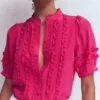 Short Sleeve Silk Ruffle Top Vibrant Pink Short Sleeve Silk Ruffle Top Vibrant Pink