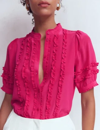 Short Sleeve Silk Ruffle Top Vibrant Pink