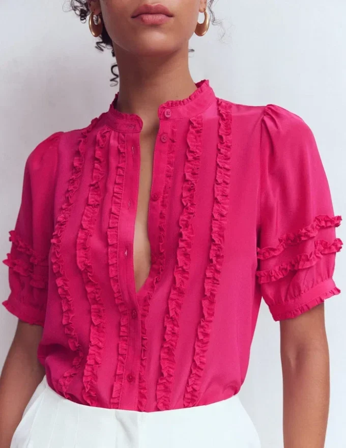 Short Sleeve Silk Ruffle Top Vibrant Pink Short Sleeve Silk Ruffle Top Vibrant Pink