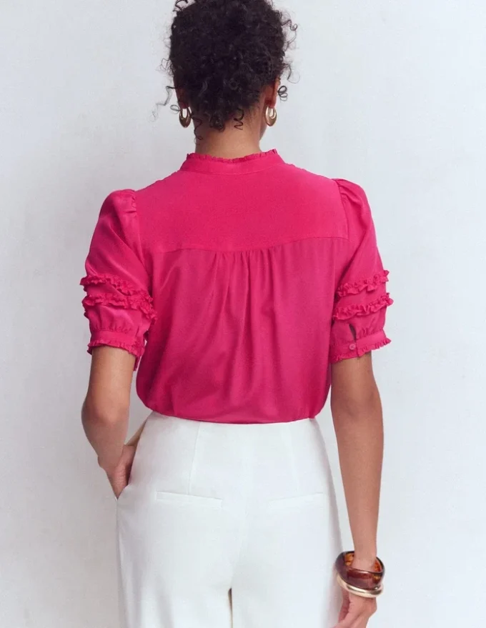Short Sleeve Silk Ruffle Top Vibrant Pink Short Sleeve Silk Ruffle Top Vibrant Pink