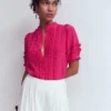 Short Sleeve Silk Ruffle Top Vibrant Pink Short Sleeve Silk Ruffle Top Vibrant Pink