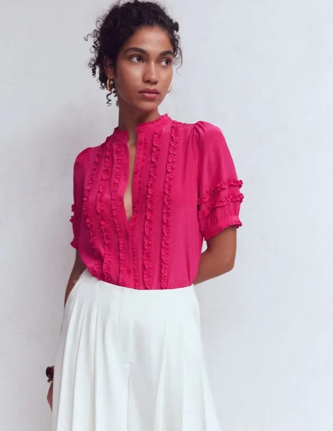 Short Sleeve Silk Ruffle Top Vibrant Pink Short Sleeve Silk Ruffle Top Vibrant Pink