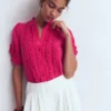 Short Sleeve Silk Ruffle Top Vibrant Pink Short Sleeve Silk Ruffle Top Vibrant Pink