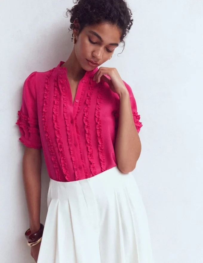 Short Sleeve Silk Ruffle Top Vibrant Pink Short Sleeve Silk Ruffle Top Vibrant Pink