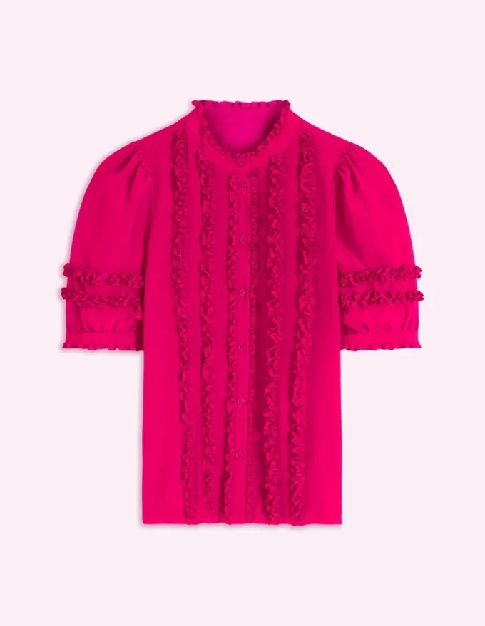 Short Sleeve Silk Ruffle Top Vibrant Pink Short Sleeve Silk Ruffle Top Vibrant Pink