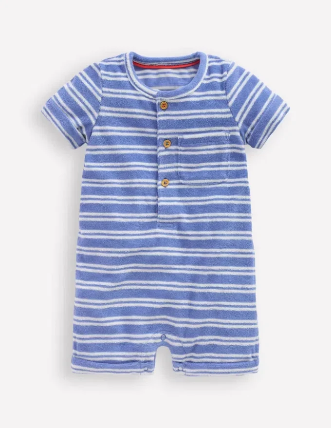 Short Sleeve Towelling Romper Blue Stripe Short Sleeve Towelling Romper Blue Stripe