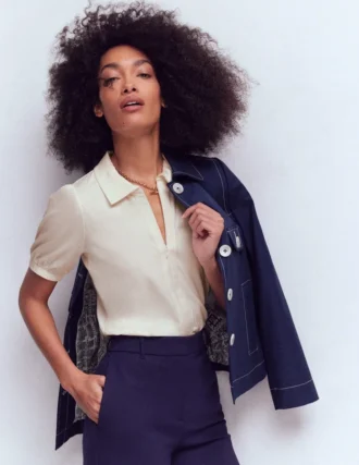 Short Sleeve Zip Collar Top Ivory