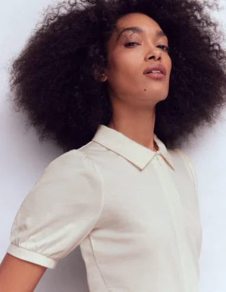 Short Sleeve Zip Collar Top Ivory