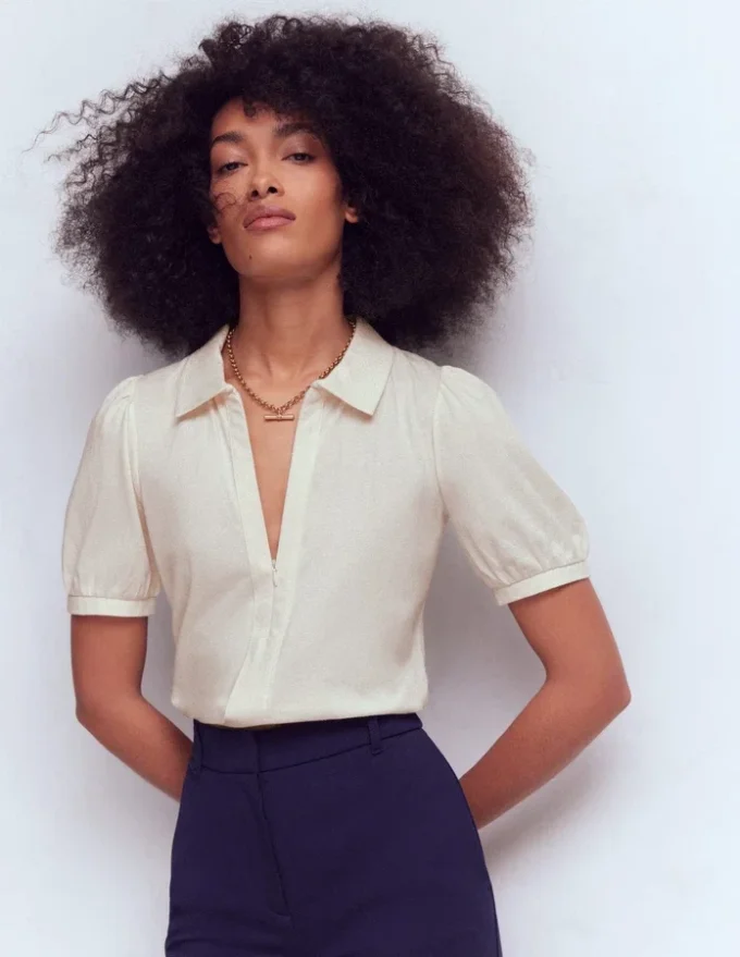 Short Sleeve Zip Collar Top Ivory Short Sleeve Zip Collar Top Ivory