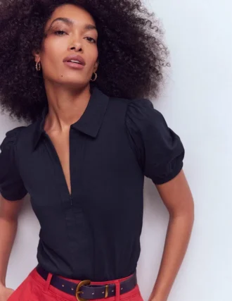 Short Sleeve Zip Collar Top Navy
