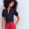 Short Sleeve Zip Collar Top Navy Short Sleeve Zip Collar Top Navy