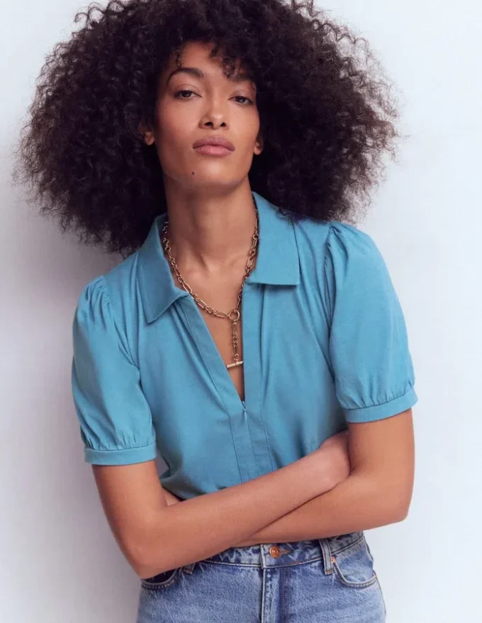 Short Sleeve Zip Collar Top Silver Lake Short Sleeve Zip Collar Top Silver Lake