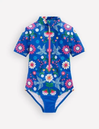 Short-sleeved Swimsuit Kingfisher Blue Bird Floral