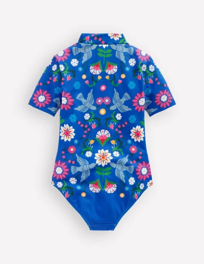 Short-sleeved Swimsuit Kingfisher Blue Bird Floral Short-sleeved Swimsuit Kingfisher Blue Bird Floral