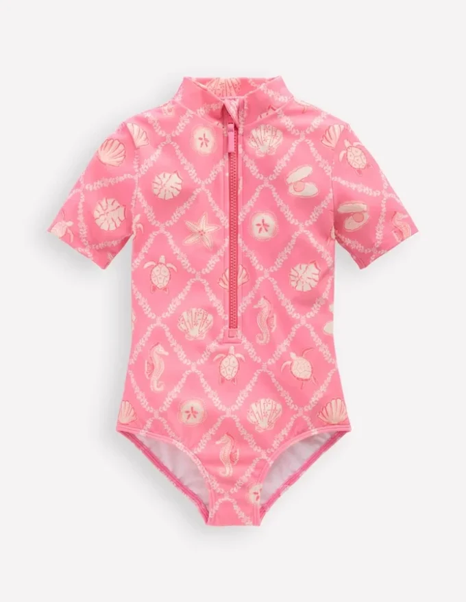Short-sleeved Swimsuit Salmon Pink Shell Tile Short-sleeved Swimsuit Salmon Pink Shell Tile