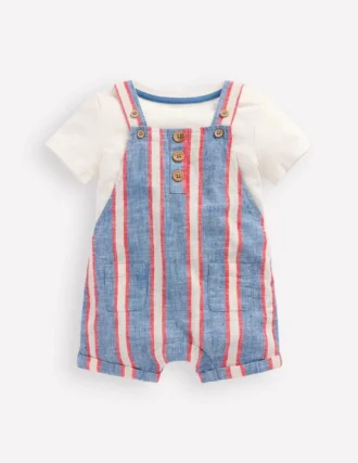 Short Woven Overalls Set Blue and Red Stripe