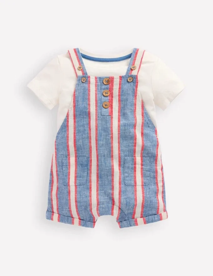 Short Woven Overalls Set Blue and Red Stripe