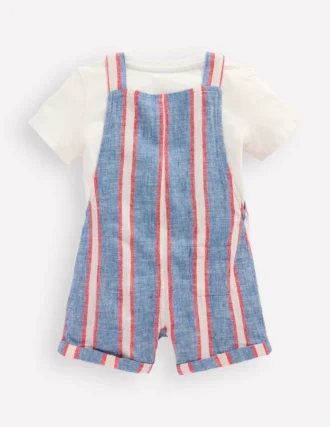 Short Woven Overalls Set Blue and Red Stripe