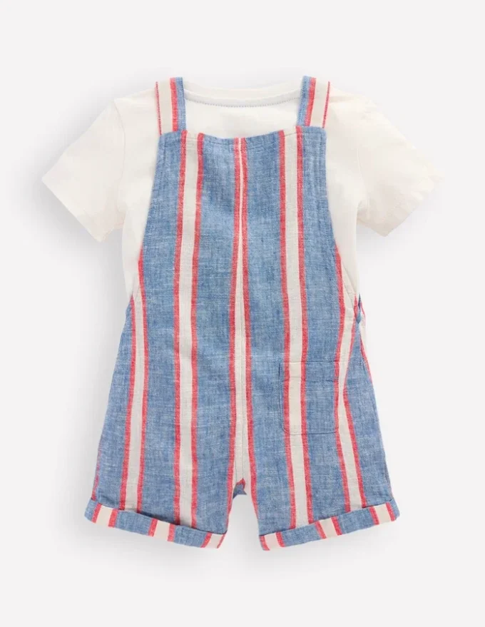 Short Woven Overalls Set Blue and Red Stripe