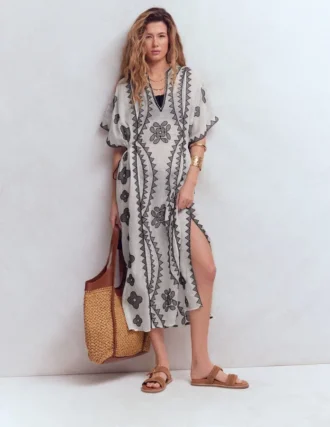 Side Tie Kaftan Dress White Black Embroidered