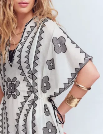 Side Tie Kaftan Dress White Black Embroidered
