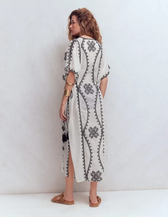 Side Tie Kaftan Dress White Black Embroidered Side Tie Kaftan Dress White Black Embroidered