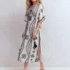Side Tie Kaftan Dress White Black Embroidered Side Tie Kaftan Dress White Black Embroidered