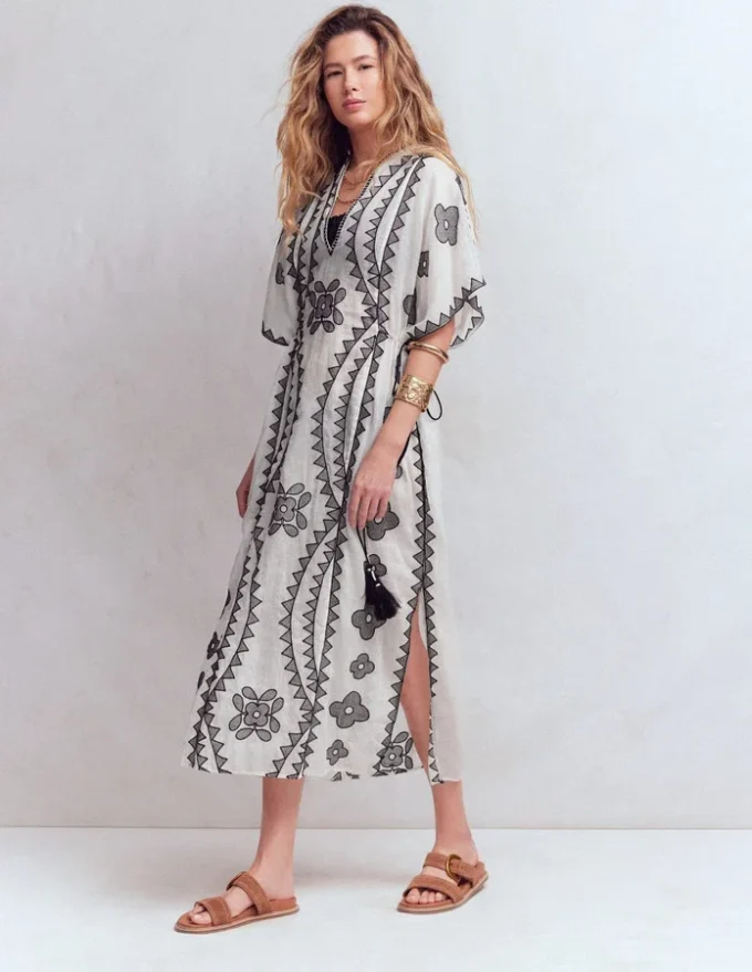 Side Tie Kaftan Dress White Black Embroidered Side Tie Kaftan Dress White Black Embroidered