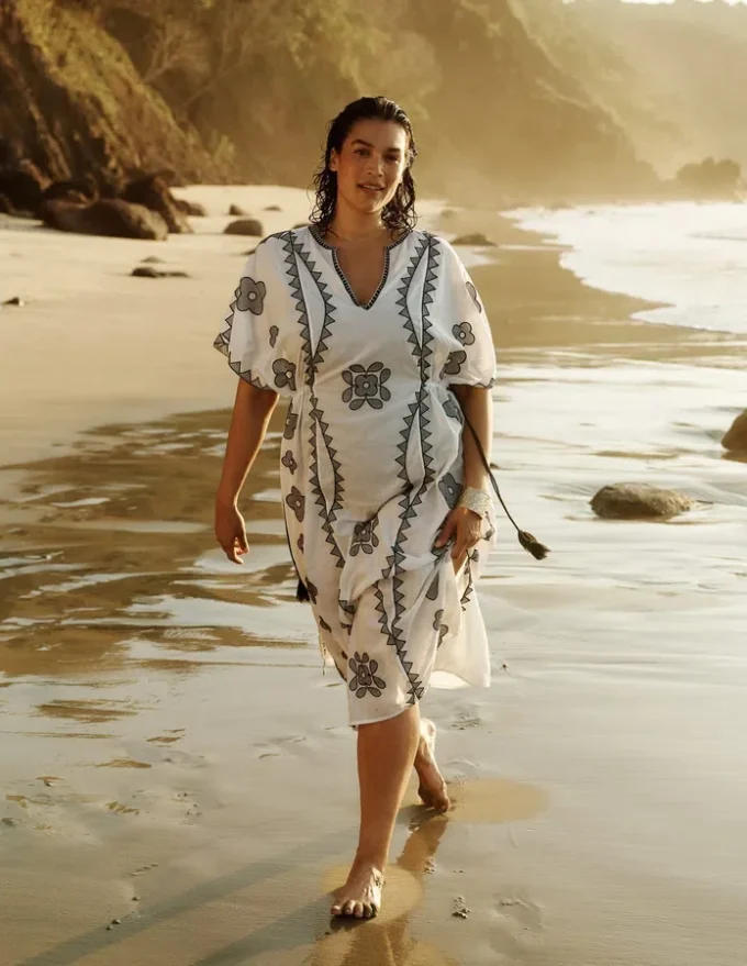 Side Tie Kaftan Dress White Black Embroidered Side Tie Kaftan Dress White Black Embroidered