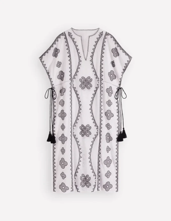Side Tie Kaftan Dress White Black Embroidered Side Tie Kaftan Dress White Black Embroidered