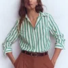 Sienna Cotton Shirt Green and Ivory Stripe Sienna Cotton Shirt Green and Ivory Stripe