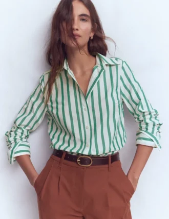 Sienna Cotton Shirt Green and Ivory Stripe