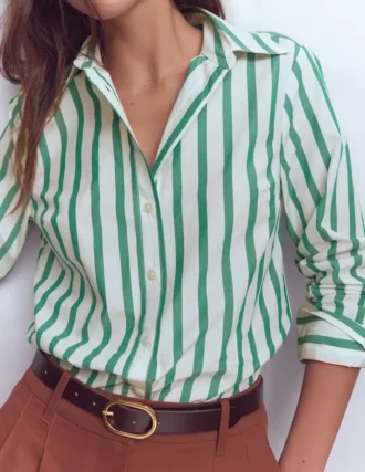 Sienna Cotton Shirt Green and Ivory Stripe