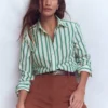 Sienna Cotton Shirt Green and Ivory Stripe Sienna Cotton Shirt Green and Ivory Stripe