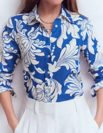 Sienna Linen Shirt Blue, Botanical Flourish