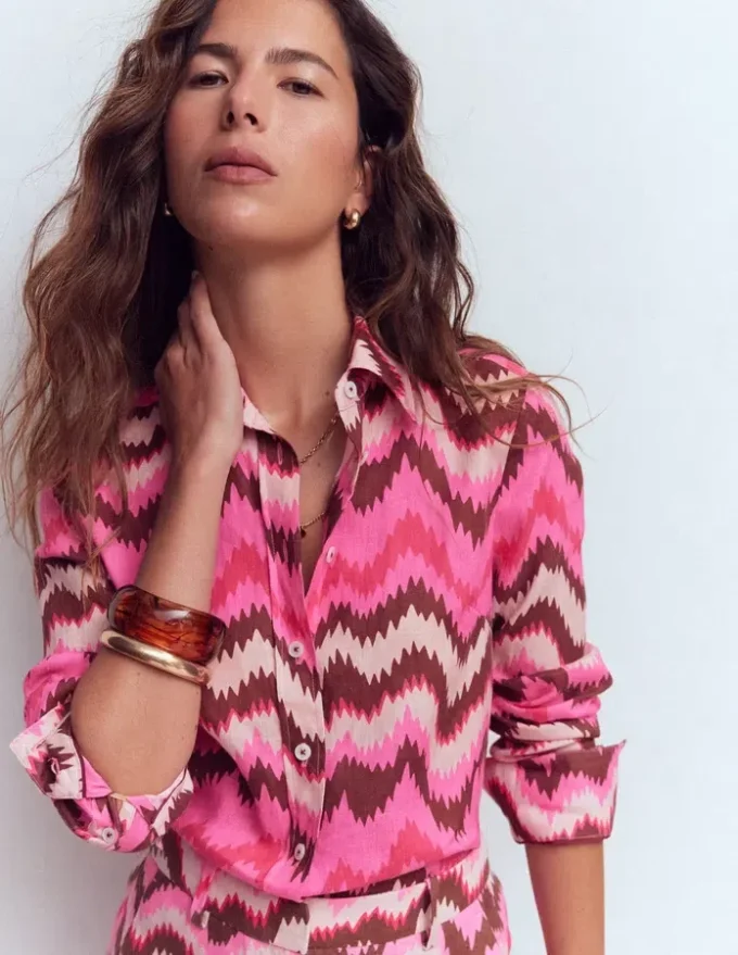 Sienna Linen Shirt Pink Punch, Zig Zag Wave Sienna Linen Shirt Pink Punch, Zig Zag Wave