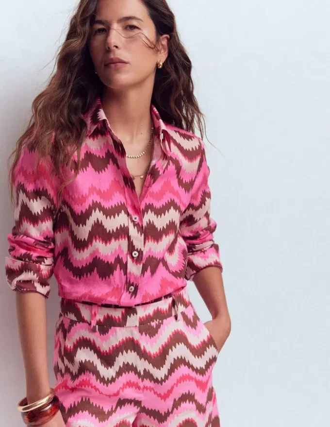 Sienna Linen Shirt Pink Punch, Zig Zag Wave Sienna Linen Shirt Pink Punch, Zig Zag Wave