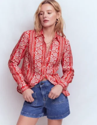 Sienna Linen Shirt Red, Ornate Floret