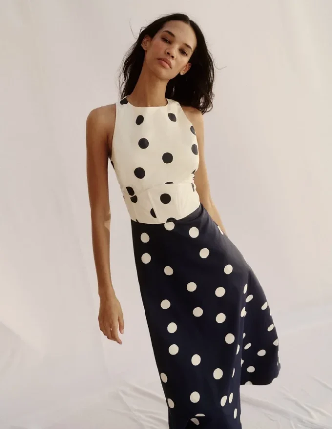Silvia Boned Bodice Maxi Dress French Navy Painted Spaced Dot Silvia Boned Bodice Maxi Dress French Navy Painted Spaced Dot