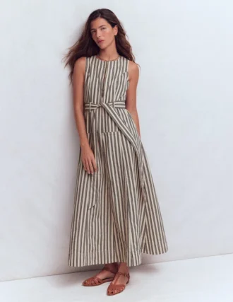 Sleeveless Zip Denim Dress Ivory and Navy Stripe