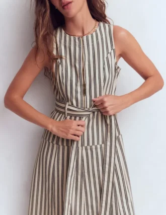 Sleeveless Zip Denim Dress Ivory and Navy Stripe