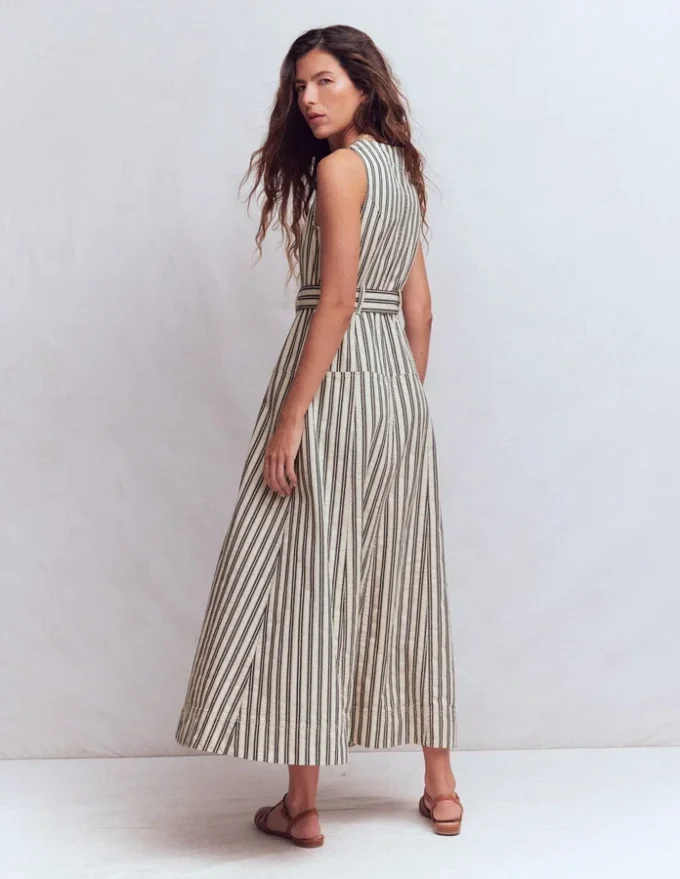 Sleeveless Zip Denim Dress Ivory and Navy Stripe Sleeveless Zip Denim Dress Ivory and Navy Stripe