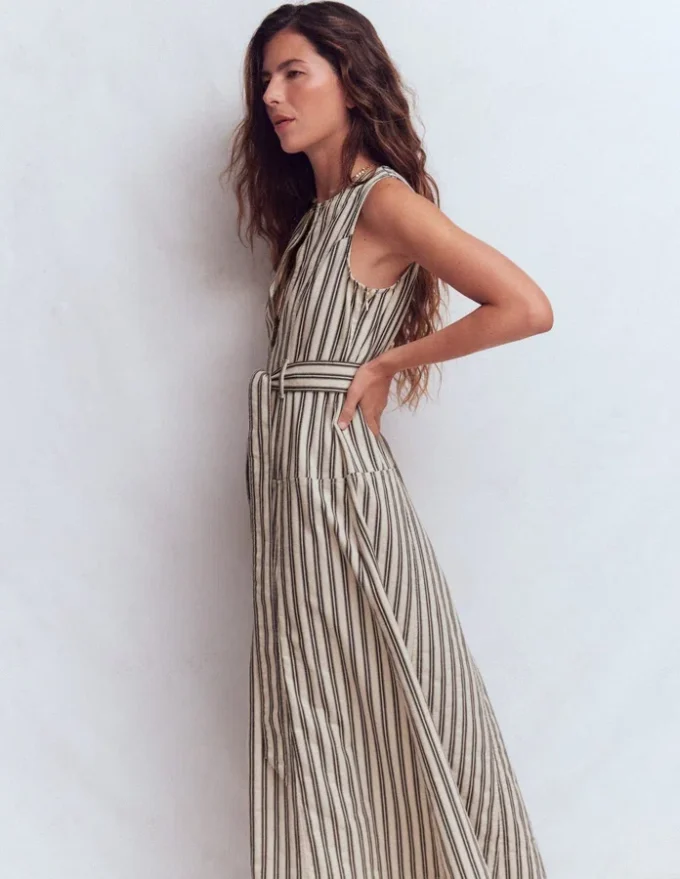 Sleeveless Zip Denim Dress Ivory and Navy Stripe Sleeveless Zip Denim Dress Ivory and Navy Stripe